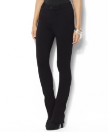 With a double-knit twill construction, Lauren Ralph Lauren's slim-fitting pant creates a sleek look that can be dressed up or down. With a double-knit twill construction, Lauren Ralph Lauren's slim-fitting pant creates a sleek look that can be dressed up or down.