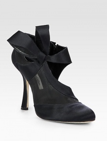 An asymmetrical bow defines this satin design with semi-sheer mesh and daring cutouts. Self-covered heel, 4½ (115mm)Satin and mesh upperSide zipLeather lining and solePadded insoleMade in Italy An asymmetrical bow defines this satin design with semi-sheer mesh and daring cutouts. Self-covered heel, 4½ (115mm)Satin and mesh upperSide zipLeather lining and solePadded insoleMade in Italy