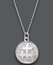 Three things to live by. Unwritten's sentimental pendant features a sterling silver and sparkling crystal cross design with the engraved words Faith, Hope, and Love. Approximate length: 18 inches. Approximate drop: 1 inch. Three things to live by. Unwritten's sentimental pendant features a sterling silver and sparkling crystal cross design with the engraved words Faith, Hope, and Love. Approximate length: 18 inches. Approximate drop: 1 inch.