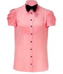 Quirky-cool candlelight peach silk top with tie from Moschino Cheap & Chic - Tuxedo details and a flattering, feminine silhouette make this better than your average blouse - Traditional tuxedo pleated front and contrasting black buttons - Puckered puff sleeves and bow-tie detail at neck -Pair with skinny trousers, a smoking jacket, and sky-high heels Quirky-cool candlelight peach silk top with tie from Moschino Cheap & Chic - Tuxedo details and a flattering, feminine silhouette make this better than your average blouse - Traditional tuxedo pleated front and contrasting black buttons - Puckered puff sleeves and bow-tie detail at neck -Pair with skinny trousers, a smoking jacket, and sky-high heels