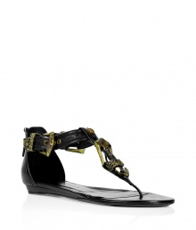 Warm up your style with these edgy sandals from celeb-favorite Parisian label Balmain - Thong style, front gold-tone buckle T-strap detail, two-buckle detail at ankle strap, back zip closure - Wear with a draped mini-dress, an oversized blazer, and oversized sunglasses for a summer-in-the-city look Warm up your style with these edgy sandals from celeb-favorite Parisian label Balmain - Thong style, front gold-tone buckle T-strap detail, two-buckle detail at ankle strap, back zip closure - Wear with a draped mini-dress, an oversized blazer, and oversized sunglasses for a summer-in-the-city look