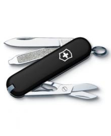 Strong and sleek, this classic SD black acrylic pocket knife by Swiss Army always meets the challenge. Crafted in stainless steel and featuring a blade, nail file with nail cleaner, scissors, key ring, tweezers and toothpick. Lifetime guarantee against any defects in material and workmanship. Approximate length: 2-1/4 inches.