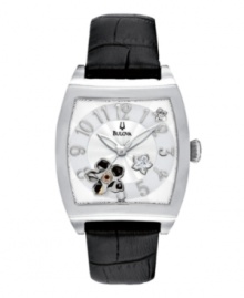 Floral accents lend femininity to this handsome watch by Bulova. Floral accents lend femininity to this handsome watch by Bulova.