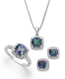 Illuminate your look. Round-cut mystic topaz (4-3/4 ct. t.w.) and sparkling diamond accents adorn this pretty matching jewelry set. Includes a pendant, stud earrings and ring in sterling silver. Approximate necklace length: 18 inches. Approximate drop: 1/2 inch. Approximate earring diameter: 1/4 inch. Size 7. Illuminate your look. Round-cut mystic topaz (4-3/4 ct. t.w.) and sparkling diamond accents adorn this pretty matching jewelry set. Includes a pendant, stud earrings and ring in sterling silver. Approximate necklace length: 18 inches. Approximate drop: 1/2 inch. Approximate earring diameter: 1/4 inch. Size 7.