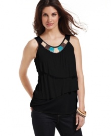 Cascading tiers give AGB's classic tank a fresh, modern silhouette. Beading at the neckline completes the look with a chic tribal-inspired feel. Cascading tiers give AGB's classic tank a fresh, modern silhouette. Beading at the neckline completes the look with a chic tribal-inspired feel.