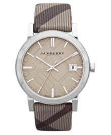 Covered in chic neutrals, this Burberry timepiece is a luxury timepiece built for everyday wear. Covered in chic neutrals, this Burberry timepiece is a luxury timepiece built for everyday wear.