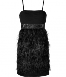 Inject an edge of drama into your glamorous Little Black Dress collection with Steffen Schrauts ostrich feather detailed frock, the perfect choice for fancying up your most festive evening affairs - Adjustable spaghetti straps, pleated bodice, embellished waistband, ostrich feather detailed skirt, hidden back zip - Form-fitting - Wear with heels and a dusting of fine jewelry