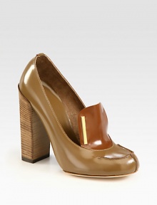 Impeccably crafted of buttery two-tone leather with contrast stitching, sleek goldtone bars and a sky-high heel. Stacked heel, 4¼ (110mm)Leather upperLeather lining and solePadded insoleMade in ItalyOUR FIT MODEL RECOMMENDS ordering true size. 
