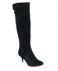 Traditional tall boots get a stylish update this fall, as shown in Calvin Klein's Jonie. Available in leather or suede, they feature a chic almond-toe shape and snap hardware embellishment in back. Traditional tall boots get a stylish update this fall, as shown in Calvin Klein's Jonie. Available in leather or suede, they feature a chic almond-toe shape and snap hardware embellishment in back.