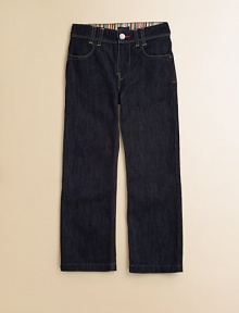 An everyday must-have in dark denim with cool striped detailing inside the waist.Button frontWaistband with belt loopsZip flyFlat frontFront slash pocketsBack patch pocketsCottonMachine washImported of French fabric An everyday must-have in dark denim with cool striped detailing inside the waist.Button frontWaistband with belt loopsZip flyFlat frontFront slash pocketsBack patch pocketsCottonMachine washImported of French fabric