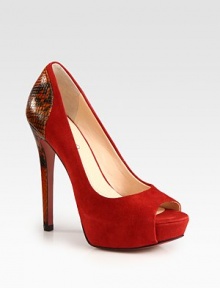 An unexpected snake-embossed leather heel on this suede peep toe design will turn heads. Snake-embossed leather heel, 5¼ (130mm)Hidden platform, 1¼ (30mm)Compares to a 4 heel (100mm)Suede and snake-embossed leather upperPeep toeLeather lining and solePadded insoleImported
