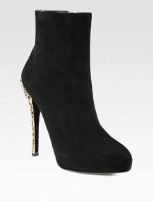 A decadent goldtone heel with detailed cutouts and crystal embellishments transforms this suede silhouette. Suede, metal and crystal-covered heel, 5¼ (130mm)Hidden platform, 1¼ (30mm)Compares to a 4 heel (100mm)Suede upperSide zipLeather lining and solePadded insoleMade in Italy A decadent goldtone heel with detailed cutouts and crystal embellishments transforms this suede silhouette. Suede, metal and crystal-covered heel, 5¼ (130mm)Hidden platform, 1¼ (30mm)Compares to a 4 heel (100mm)Suede upperSide zipLeather lining and solePadded insoleMade in Italy