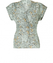 A subtle tropical print enlivens this incredibly chic silk top from Paul & Joe - V-neck, faux-wrap, short sleeves, buttons at shoulders, wide obi-like waistband, flared bottom, back self-tie waist belt - Wear with skinny jeans, cropped trousers, or a pencil skirt A subtle tropical print enlivens this incredibly chic silk top from Paul & Joe - V-neck, faux-wrap, short sleeves, buttons at shoulders, wide obi-like waistband, flared bottom, back self-tie waist belt - Wear with skinny jeans, cropped trousers, or a pencil skirt