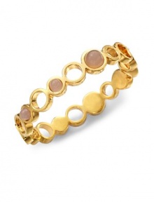 THE LOOKRound pink quartz stones in an array of sizes14k goldplated circular cutout bangleMagnetic claspTHE MEASUREMENTDiameter, about 2½Width, about ½ORIGINMade in USA THE LOOKRound pink quartz stones in an array of sizes14k goldplated circular cutout bangleMagnetic claspTHE MEASUREMENTDiameter, about 2½Width, about ½ORIGINMade in USA