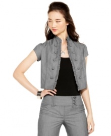 For a tailored finish to your slacks and skirts, opt for this cropped blazer from BCX! Featuring a ruffled neckline and sweet cap sleeves, this jacket is a fresh take on a classic layer! For a tailored finish to your slacks and skirts, opt for this cropped blazer from BCX! Featuring a ruffled neckline and sweet cap sleeves, this jacket is a fresh take on a classic layer!