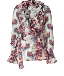 Bring boho-luxe style to your day look with this printed silk top from Etro - Ruffled V-neck, wrap style with self-tie belt at waist, ruffled detailed cuffs, all-over print - Wear with slim cropped pants, platform pumps, and a statement satchel Bring boho-luxe style to your day look with this printed silk top from Etro - Ruffled V-neck, wrap style with self-tie belt at waist, ruffled detailed cuffs, all-over print - Wear with slim cropped pants, platform pumps, and a statement satchel