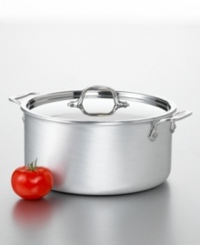 This ultimate 8 quart stock pot is perfect for simmering up succulent soups and savory sauces for the entire family, with leftovers to spare! 3-ply bonded construction with a handsome brushed aluminum exterior, pure aluminum core and an easy to clean stainless steel cooking service. Brushed stainless steel handle stays cool to the touch and secured with non-corrosive rivets. Polished stainless steel lid keeps in flavor. Hand washing recommended. Manufacturer's limited lifetime warranty. This ultimate 8 quart stock pot is perfect for simmering up succulent soups and savory sauces for the entire family, with leftovers to spare! 3-ply bonded construction with a handsome brushed aluminum exterior, pure aluminum core and an easy to clean stainless steel cooking service. Brushed stainless steel handle stays cool to the touch and secured with non-corrosive rivets. Polished stainless steel lid keeps in flavor. Hand washing recommended. Manufacturer's limited lifetime warranty.