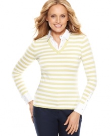 A striped sweater with an inset collar lends a layered look to this easy top from Charter Club. Pair it with slim pants for put-together style. A striped sweater with an inset collar lends a layered look to this easy top from Charter Club. Pair it with slim pants for put-together style.