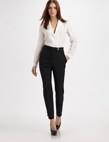 Tailored in fine silk/wool with notched collar and waist darts for fit.V neckline Button front Waist darts front and back Long sleeves with button cuffs Shirttail hem 61% silk/39% wool Dry clean Made in FranceOUR FIT MODEL RECOMMENDS ordering true size. Tailored in fine silk/wool with notched collar and waist darts for fit.V neckline Button front Waist darts front and back Long sleeves with button cuffs Shirttail hem 61% silk/39% wool Dry clean Made in FranceOUR FIT MODEL RECOMMENDS ordering true size.