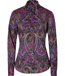 The venerable house of Etro staked its storied name on eye-catching paisley prints, and this elegant, chocolate and violet blouse does not disappoint - Flattering, classic button down style in a soft, multicolor cotton stretch blend - Slim, feminine cut tapers through waist - Small collar, long, cuffed sleeves and full button placket - Polished and undeniably chic, perfect for pairing with denim, dress trousers, leather pants or pencil skirts The venerable house of Etro staked its storied name on eye-catching paisley prints, and this elegant, chocolate and violet blouse does not disappoint - Flattering, classic button down style in a soft, multicolor cotton stretch blend - Slim, feminine cut tapers through waist - Small collar, long, cuffed sleeves and full button placket - Polished and undeniably chic, perfect for pairing with denim, dress trousers, leather pants or pencil skirts