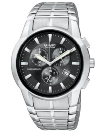 Black texture and smooth steel set the stage for sophistication on this Eco-Drive watch by Citizen. Black texture and smooth steel set the stage for sophistication on this Eco-Drive watch by Citizen.