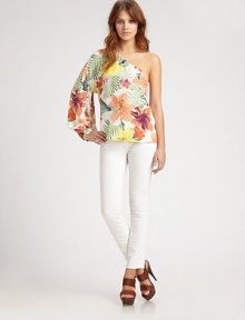 Lush floral-print silk in a draped blouse styled with a single poet sleeve.Angled necklineLong sleeveAbout 25 from shoulder to hemSilkDry cleanImportedModel shown is 5'8½ (174cm) wearing US size Small. Lush floral-print silk in a draped blouse styled with a single poet sleeve.Angled necklineLong sleeveAbout 25 from shoulder to hemSilkDry cleanImportedModel shown is 5'8½ (174cm) wearing US size Small.