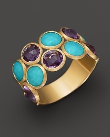 Turquoise and amethyst lend eye-catching color to this 18K yellow gold cocktail ring from the Jaipur Resort collection by Marco Bicego. Turquoise and amethyst lend eye-catching color to this 18K yellow gold cocktail ring from the Jaipur Resort collection by Marco Bicego.