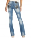 Sporting a rhinestone-studded, fleur de lis back-pocket design, these extreme-fade bootcut jeans from Miss Me satisfy your appetite for striking denim!