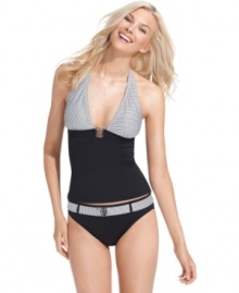 A silver-tone hardware detail adds edge to this metallic striped Cole of California tankini top -- perfect for seaside style! A silver-tone hardware detail adds edge to this metallic striped Cole of California tankini top -- perfect for seaside style!
