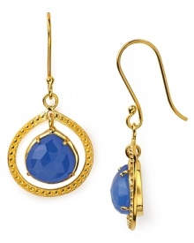 Textured gold and blue chalcedony come together in Coralia Leets framed drop earrings. Rich 22K gold plating brings out the stone's natural beauty for goddess-like glamour. Textured gold and blue chalcedony come together in Coralia Leets framed drop earrings. Rich 22K gold plating brings out the stone's natural beauty for goddess-like glamour.