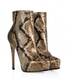 Finish your look on a luxurious note with Le Sillas ultra glamorous python ankle boots, detailed in chic natural coloring perfect for pairing with statement daytime separates - Softly pointed toe, hidden platform, inside zip, dagger heel, leather and rubber sole - Wear with sleek leggings and chunky knit tops, or with form-fitting sheaths and a dusting of sparkly jewelry Finish your look on a luxurious note with Le Sillas ultra glamorous python ankle boots, detailed in chic natural coloring perfect for pairing with statement daytime separates - Softly pointed toe, hidden platform, inside zip, dagger heel, leather and rubber sole - Wear with sleek leggings and chunky knit tops, or with form-fitting sheaths and a dusting of sparkly jewelry
