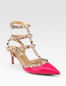 A scintillating hue freshens this patent t-strap pump, with leather trim and signature metal studs. Patent leather-covered heel, 2¾ (70mm)Patent leather upper with leather trim and metal studsPoint toeAdjustable leather ankle strapsLeather lining and solePadded insoleMade in Italy