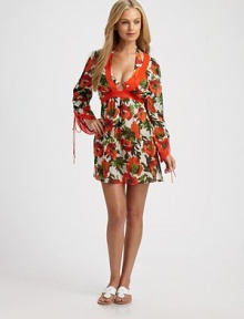 Featuring the signature Milly rose print, a breezy, chiffon-trimmed coverup. V-neckThree-quarter tie sleevesCottonFully linedDry cleanMade in USA of Italian fabricPlease note: Bikini bottom sold separately. Featuring the signature Milly rose print, a breezy, chiffon-trimmed coverup. V-neckThree-quarter tie sleevesCottonFully linedDry cleanMade in USA of Italian fabricPlease note: Bikini bottom sold separately.