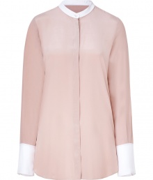 Elegant blouse in fine, pure pale pink silk - Ultra-soft, lightweight material drapes beautifully - Classic button down style with chic, triangular slit detail at back - Contrast stand-up collar and extra-long cuffs - Slim yet relaxed silhouette - Pair with a cropped trouser, a skinny leather pant or Bermuda shorts and sandals or ballet flats Elegant blouse in fine, pure pale pink silk - Ultra-soft, lightweight material drapes beautifully - Classic button down style with chic, triangular slit detail at back - Contrast stand-up collar and extra-long cuffs - Slim yet relaxed silhouette - Pair with a cropped trouser, a skinny leather pant or Bermuda shorts and sandals or ballet flats