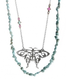 Beautifully boho-chic. Lucky Brand epitomizes free-spirited style with this whimsical two row necklace. Design features a strand of semi-precious reconstituted calcite turquoise and a delicate open work butterfly pendant with colorful plastic bead accents. Set in mixed metal. Approximate length: 26 inches + 2-inch extender. Approximate drop: 4 inches. Beautifully boho-chic. Lucky Brand epitomizes free-spirited style with this whimsical two row necklace. Design features a strand of semi-precious reconstituted calcite turquoise and a delicate open work butterfly pendant with colorful plastic bead accents. Set in mixed metal. Approximate length: 26 inches + 2-inch extender. Approximate drop: 4 inches.