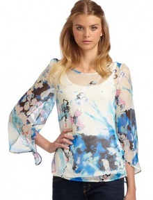 THE LOOKSheer constructionWatercolor print, alloverDraped batwing sleevesOpen back slitTHE FITAbout 23 from shoulder to hemTHE MATERIALSilkCARE & ORIGINDry cleanImportedModel shown is 5'10 (177cm) wearing US size Small. THE LOOKSheer constructionWatercolor print, alloverDraped batwing sleevesOpen back slitTHE FITAbout 23 from shoulder to hemTHE MATERIALSilkCARE & ORIGINDry cleanImportedModel shown is 5'10 (177cm) wearing US size Small.