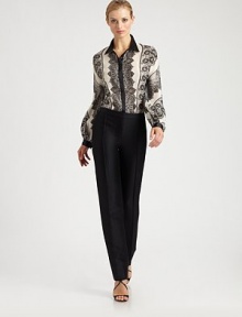 A solid collar, placket and cuffs offset the lacy print of this silk design.Point collarConcealed button frontLong blouson sleevesButton cuffsSilkDry cleanMade in USA of Italian fabricModel shown is 5'11 (180cm) wearing US size 4. A solid collar, placket and cuffs offset the lacy print of this silk design.Point collarConcealed button frontLong blouson sleevesButton cuffsSilkDry cleanMade in USA of Italian fabricModel shown is 5'11 (180cm) wearing US size 4.