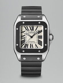 Stainless steel case with rubber strap and covering on steel bezel. Octagonal crown set with faceted rubber detail Silvered opaline dial Second hand Roman numerals Adjustable deployant buckle Made in Switzerland Stainless steel case with rubber strap and covering on steel bezel. Octagonal crown set with faceted rubber detail Silvered opaline dial Second hand Roman numerals Adjustable deployant buckle Made in Switzerland