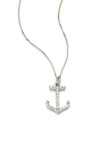 THE LOOKBrilliant Collection.11 tcw diamond anchor pendant14k white gold pendant and chainLobster claspTHE MEASUREMENTPendant length, about ½Length, about 16ORIGINMade in USA THE LOOKBrilliant Collection.11 tcw diamond anchor pendant14k white gold pendant and chainLobster claspTHE MEASUREMENTPendant length, about ½Length, about 16ORIGINMade in USA
