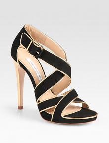 Strappy suede confection surrounded by metallic leather trim, finished with an adjustable ankle strap and skinny heel. Metallic leather heel, 4½ (115mm)Covered platform, ½ (15mm)Compares to a 4 heel (100mm)Suede and metallic leather upperLeather lining and solePadded insoleImported Strappy suede confection surrounded by metallic leather trim, finished with an adjustable ankle strap and skinny heel. Metallic leather heel, 4½ (115mm)Covered platform, ½ (15mm)Compares to a 4 heel (100mm)Suede and metallic leather upperLeather lining and solePadded insoleImported