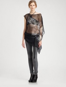 An edgy-chic take on layering, this semi-sheer top of pure silk has asymmetrically draped details and an abstract, yet subtle print. BoatneckSingle short sleeveSingle long kimono sleeveSelf-beltAsymmetrical hemSilk chiffonDry cleanImported of Italian fabricModel shown is 5'10 (177cm) wearing US size Small. An edgy-chic take on layering, this semi-sheer top of pure silk has asymmetrically draped details and an abstract, yet subtle print. BoatneckSingle short sleeveSingle long kimono sleeveSelf-beltAsymmetrical hemSilk chiffonDry cleanImported of Italian fabricModel shown is 5'10 (177cm) wearing US size Small.