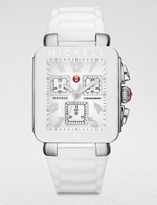 From the Jelly Bean Collection. A technical timepiece with glossy enamel accents and a playful, silicone strap. Swiss quartz movementWater resistant to 5 ATMRectangular stainless steel case, 33mm (1.3) X 35.5mm (1.4)Logo embellished white enamel bezelWhite enamel chronograph dialNumeric and dot hour markersSecond hand White silicone strapImported From the Jelly Bean Collection. A technical timepiece with glossy enamel accents and a playful, silicone strap. Swiss quartz movementWater resistant to 5 ATMRectangular stainless steel case, 33mm (1.3) X 35.5mm (1.4)Logo embellished white enamel bezelWhite enamel chronograph dialNumeric and dot hour markersSecond hand White silicone strapImported