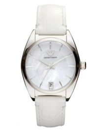 A mesmerizing mother-of-pearl dial adds allure to the sleek design of this Emporio Armani watch. A mesmerizing mother-of-pearl dial adds allure to the sleek design of this Emporio Armani watch.