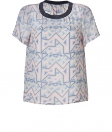 With a cool graphic print in soft shades of pastel, Marc by Marc Jacobs silk tee lends a sweet feminine edge to any outfit - Round neckline with solid trim, short sleeves, pleat detailing at nape - Loosely draped fit - Wear with figure-hugging separates and bright leather accessories With a cool graphic print in soft shades of pastel, Marc by Marc Jacobs silk tee lends a sweet feminine edge to any outfit - Round neckline with solid trim, short sleeves, pleat detailing at nape - Loosely draped fit - Wear with figure-hugging separates and bright leather accessories