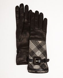 Lined with silk, Burberry's black lambskin leather gloves exude British cool with a woven check detail and buckle. Lined with silk, Burberry's black lambskin leather gloves exude British cool with a woven check detail and buckle.