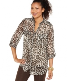 Get wild with Style&co.'s animal print tunic! Wear the sleeves rolled up with button tabs for a more casual look. Get wild with Style&co.'s animal print tunic! Wear the sleeves rolled up with button tabs for a more casual look.