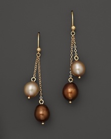Richly hued champagne and chocolate pearls dangle from 14K. yellow gold chains. Richly hued champagne and chocolate pearls dangle from 14K. yellow gold chains.