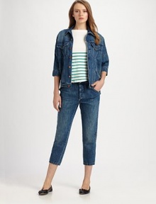 Classic denim in the perfect worn-in wash, in a cropped style accented with rivet details.Zip fly with button closureSelf waistband with belt loopsSide slash pocketsPatch pocket at left kneeBack patch pocketsBack triangle inset with rivet detailInseam, about 23½60% cotton/40% linenDry cleanMade in USA of imported fabricModel shown is 5'10 (177cm) wearing US size 4. Classic denim in the perfect worn-in wash, in a cropped style accented with rivet details.Zip fly with button closureSelf waistband with belt loopsSide slash pocketsPatch pocket at left kneeBack patch pocketsBack triangle inset with rivet detailInseam, about 23½60% cotton/40% linenDry cleanMade in USA of imported fabricModel shown is 5'10 (177cm) wearing US size 4.