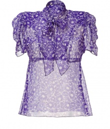 Delicate blouse of pure, sheer silk features a floral pattern in regale purple and cream - Design boasts a high collar with a wide, loose bow at neck, ruffled sleeves and flattering darts at back - Pair with skinny jeans, flats and a structured tote, or with a pencil skirt, blazer and heels for the office Delicate blouse of pure, sheer silk features a floral pattern in regale purple and cream - Design boasts a high collar with a wide, loose bow at neck, ruffled sleeves and flattering darts at back - Pair with skinny jeans, flats and a structured tote, or with a pencil skirt, blazer and heels for the office