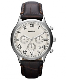 A vintage-inspired chronograph watch in black and silver from Fossil's Ansel collection. A vintage-inspired chronograph watch in black and silver from Fossil's Ansel collection.